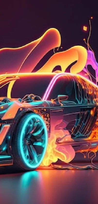 Futuristic car with neon flames and glowing accents in vibrant colors.