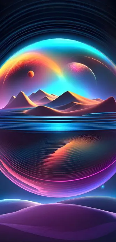 Futuristic neon landscape wallpaper with vibrant colors and surreal mountains.