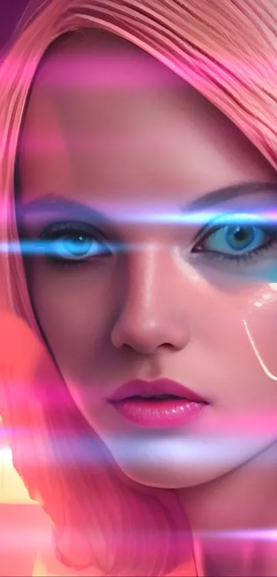 Futuristic neon portrait of a woman with blue eyes and pink light streaks.