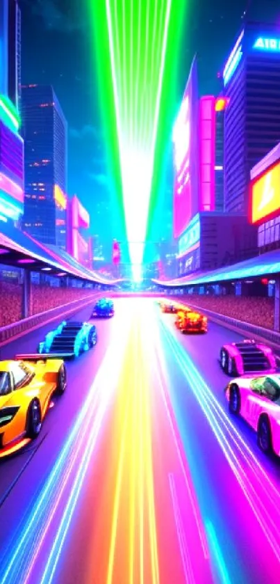 Futuristic cityscape with neon racing cars and vibrant colors.