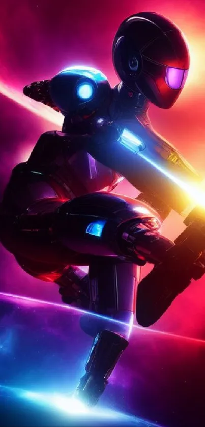 Futuristic neon wallpaper with a cosmic robotic figure.