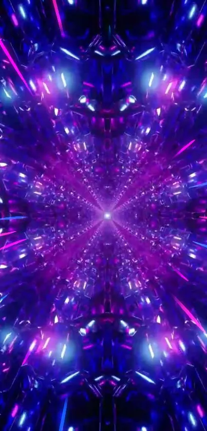 Vibrant purple and blue neon kaleidoscope design wallpaper.