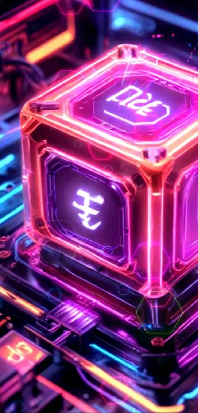 Vibrant neon cube with futuristic circuitry