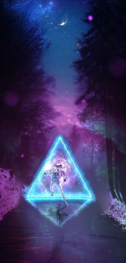 Neon triangle with runner in dark forest and starry sky.