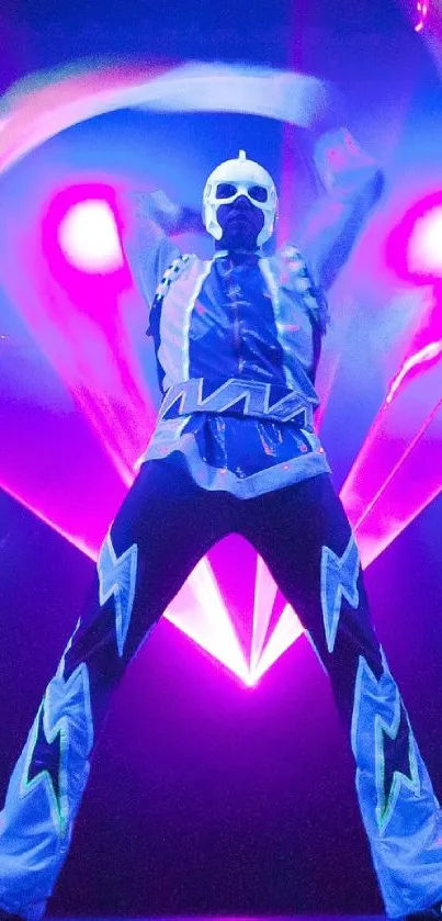 Futuristic performer in neon lights with purple tones.