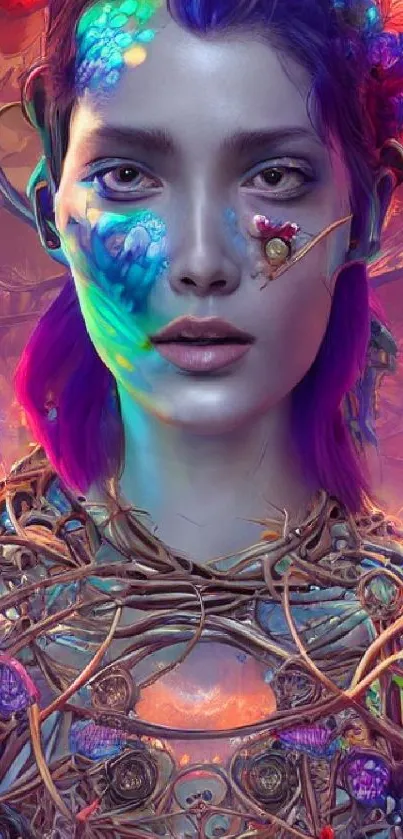 Futuristic portrait digital art with vibrant colors and abstract details.