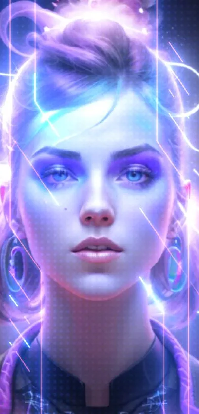 Futuristic neon portrait of a glowing woman with digital effects.