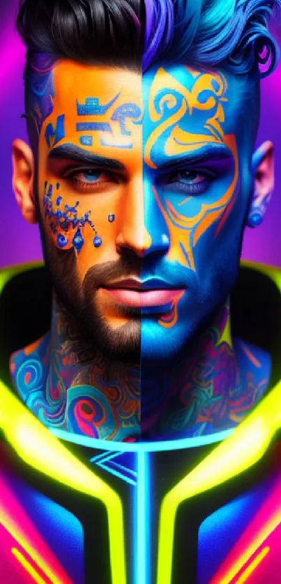 Futuristic portrait in vibrant neon colors and tattoo art design.