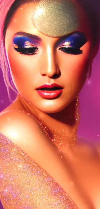 Futuristic portrait with bold makeup and vibrant magenta background.