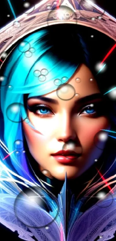 Vibrant futuristic portrait with neon blue accents in a geometric frame.