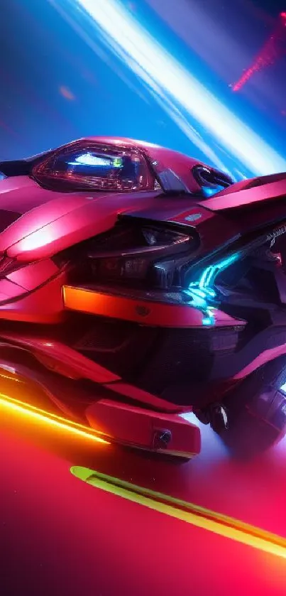 Futuristic racing car in neon hues with vibrant, dynamic design on a phone wallpaper.