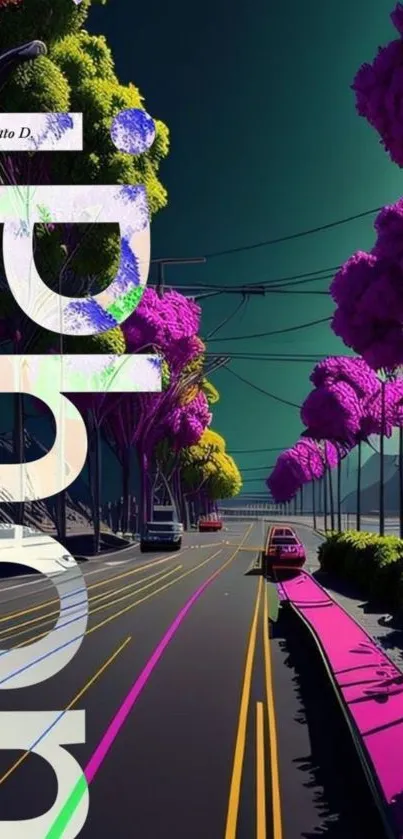 Colorful street scene with purple trees and vibrant road.