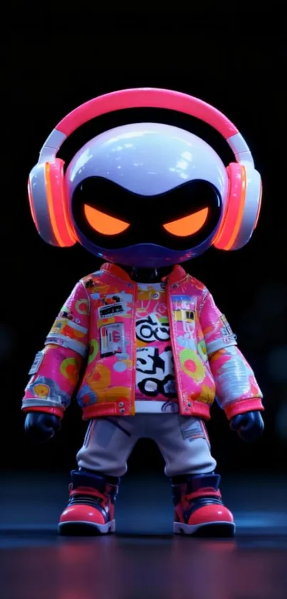 Futuristic robot with neon colors and vibrant design on dark background.