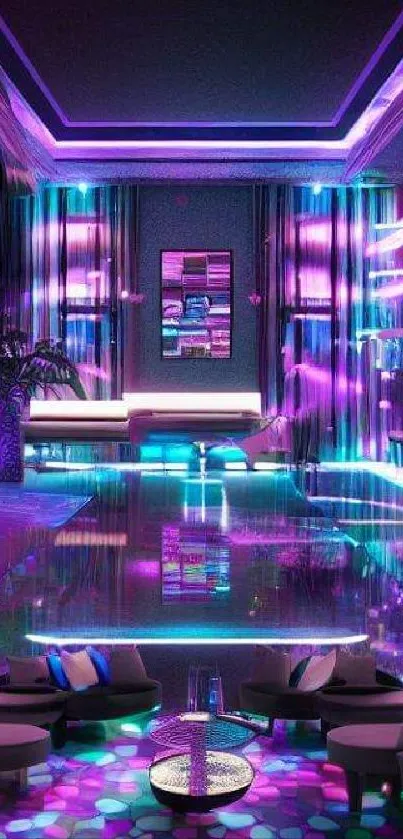 Vibrant neon-lit futuristic room design with modern aesthetic.