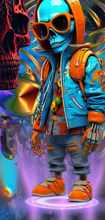 Vibrant blue and orange cyberpunk skull artwork on mobile wallpaper.