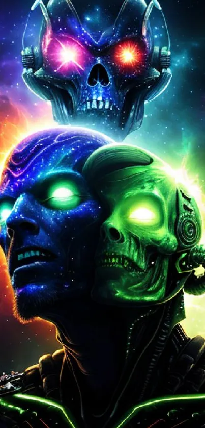 Vibrant futuristic skull art with neon colors and cosmic background.