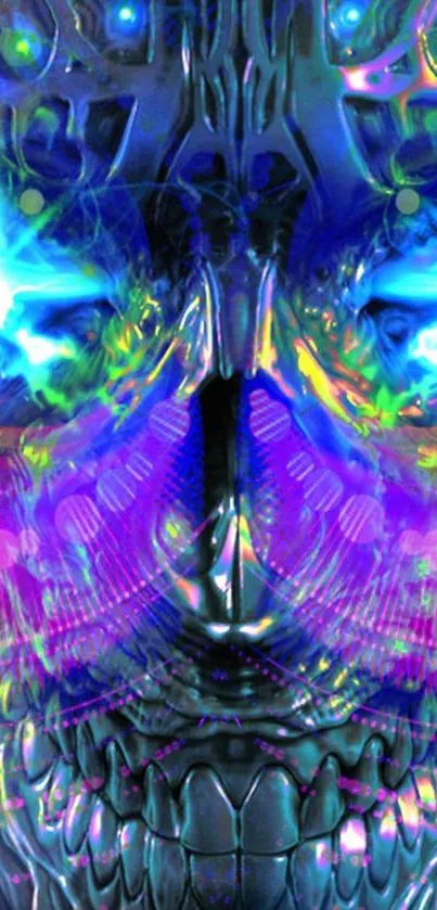 Vibrant and abstract futuristic skull with neon blue hues and colorful patterns.