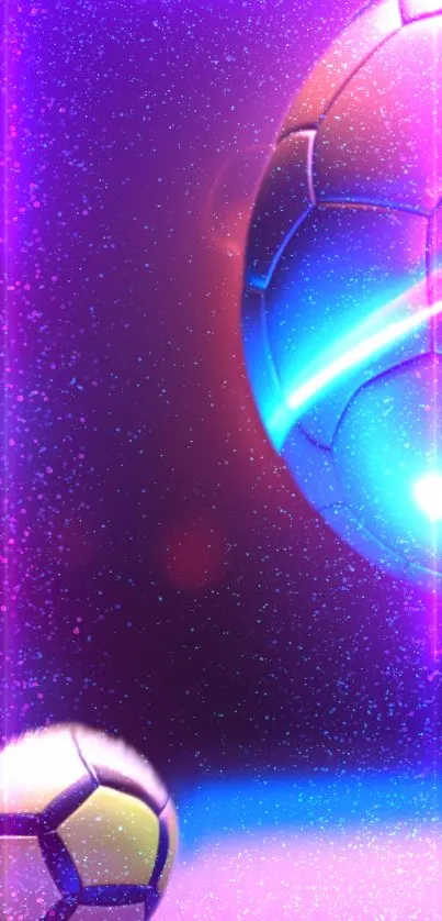 Futuristic soccer wallpaper with neon glowing soccer balls in a cosmic background.