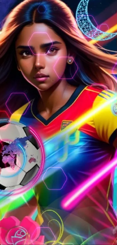 Vibrant soccer-themed wallpaper with neon lights and futuristic design.