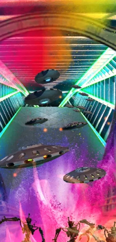 Futuristic scene with spaceships and robots in a vibrant neon corridor.