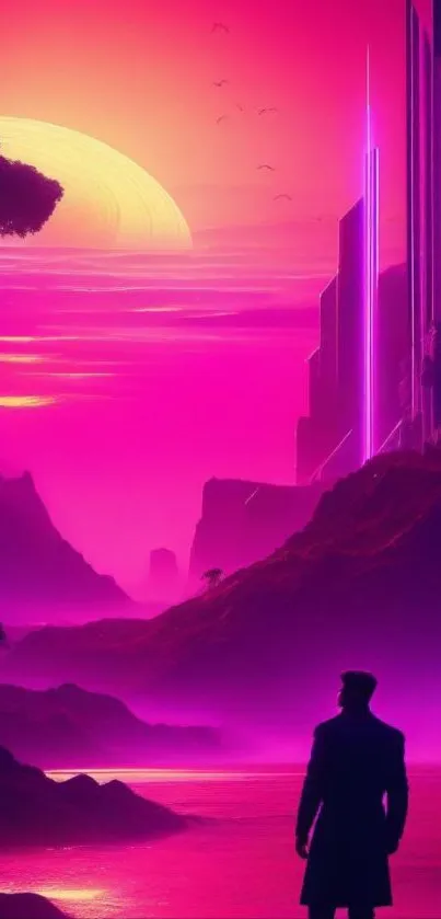 Futuristic sunset landscape with vibrant neon colors and silhouetted figure.