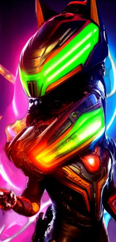 Futuristic neon warrior with vibrant armor and glowing colors.