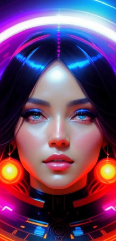 Futuristic neon digital art of a woman's face in vibrant colors.