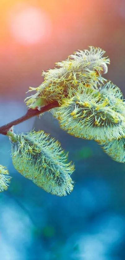 Fuzzy green plant against a vibrant blue and orange gradient.