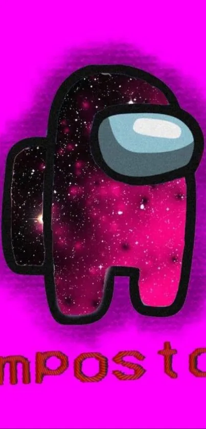 Galaxy-themed Among Us character on pink backdrop.