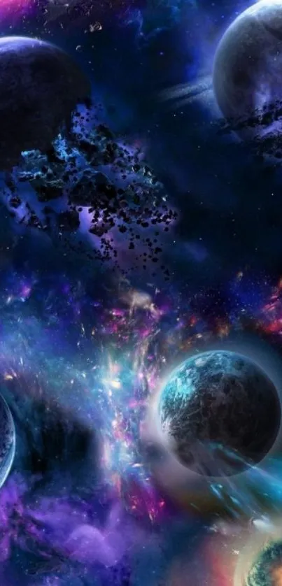 Colorful cosmic wallpaper with planets and galaxies in dark blue space.