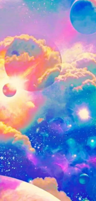 Colorful cosmic wallpaper with planets and clouds, vibrant and dreamy.