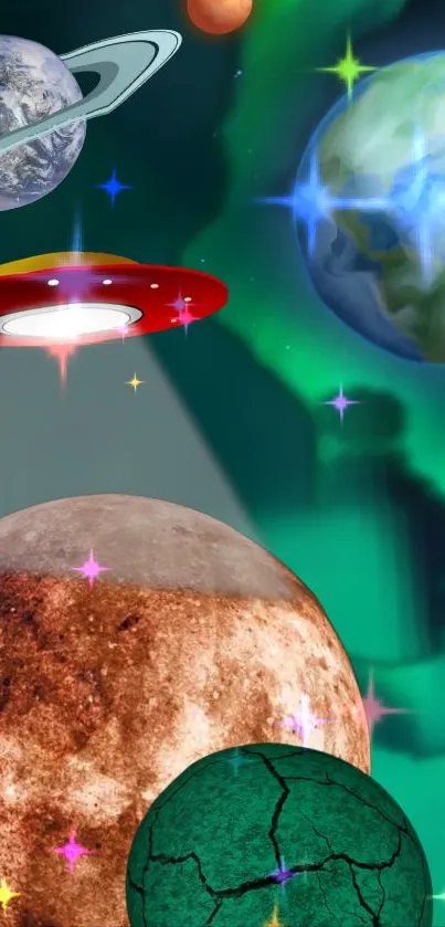 Colorful galactic wallpaper with planets and UFOs on emerald green background.