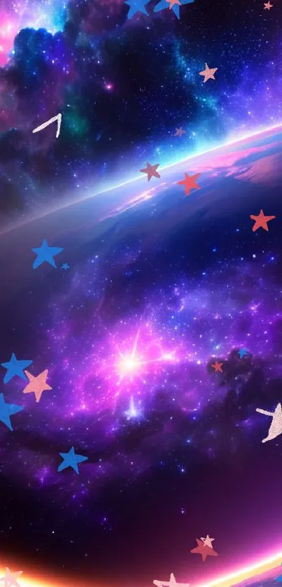 Colorful galaxy mobile wallpaper with stars and planets.