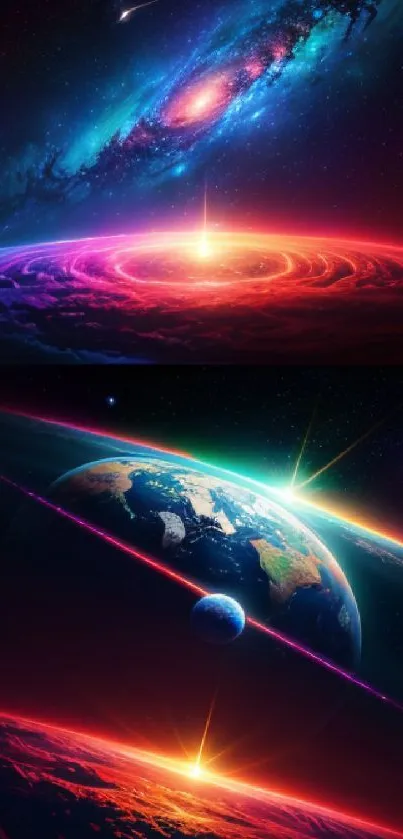 Vibrant galactic wallpaper with nebula and Earth view.