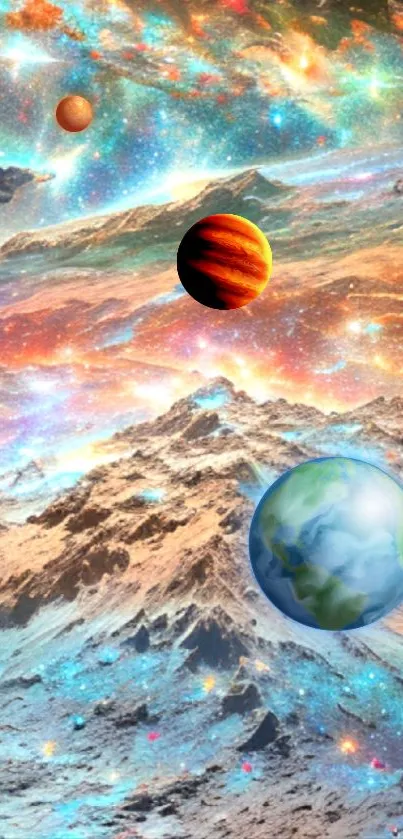 Vibrant cosmic landscape with colorful galaxy and mountainous terrain.