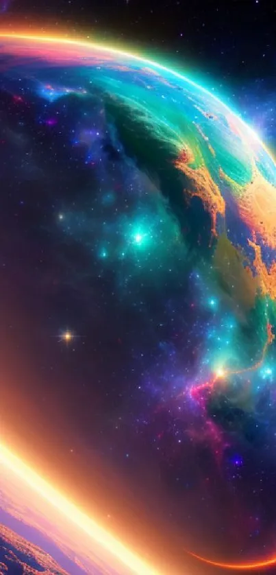 Colorful galactic planet wallpaper with vibrant shades and a starry sky backdrop.