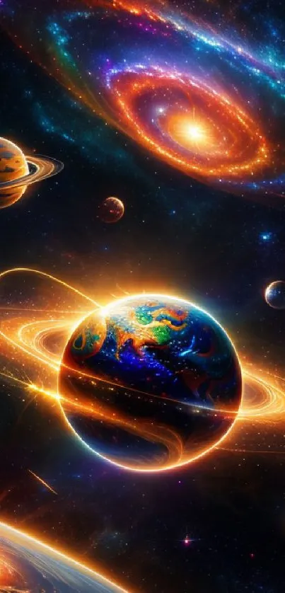 Vibrant planets and galaxies in a colorful space wallpaper.