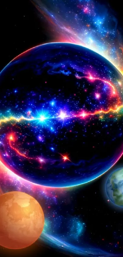 Colorful galactic wallpaper with planets and cosmic hues for mobile phones.