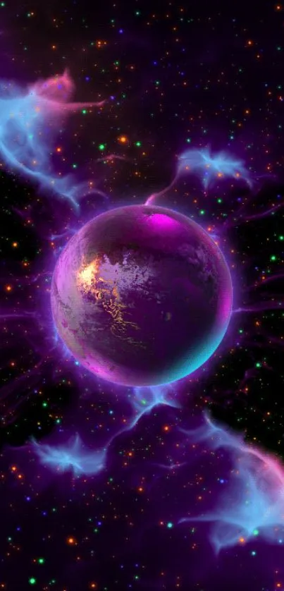 Colorful cosmic scene with vibrant purple and blue nebula surrounding a glowing planet.