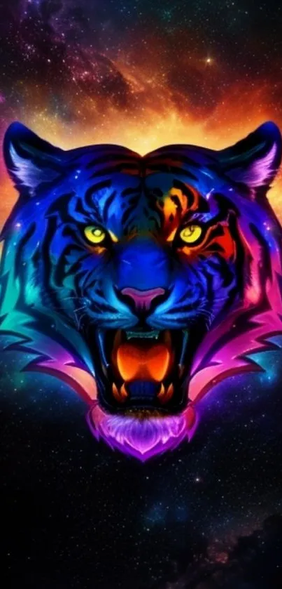 Vibrant cosmic tiger artwork on a phone wallpaper with colorful galaxy background.