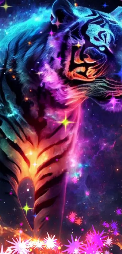 Colorful neon tiger in cosmos, galaxy theme.