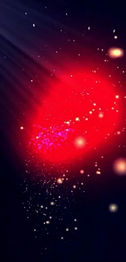 Vibrant red galaxy abstract wallpaper with luminous sparkles on a dark background.