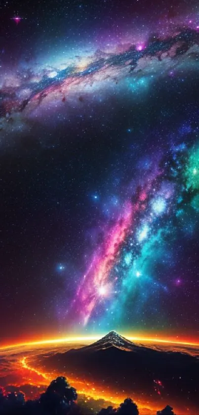 Bright galaxy and earth with colorful cosmic view wallpaper.