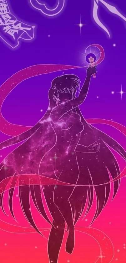 Anime artwork with cosmic silhouette and vibrant purple gradient.