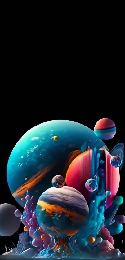 Colorful galaxy art with planets on black background.