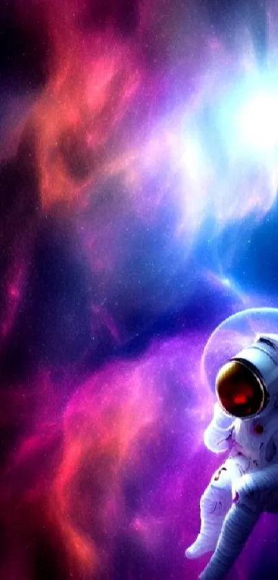 Astronaut floating in colorful galaxy space artwork.