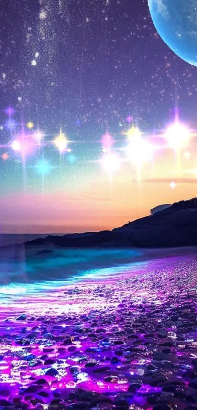 Purple and starry galaxy beach mobile wallpaper with ocean view.