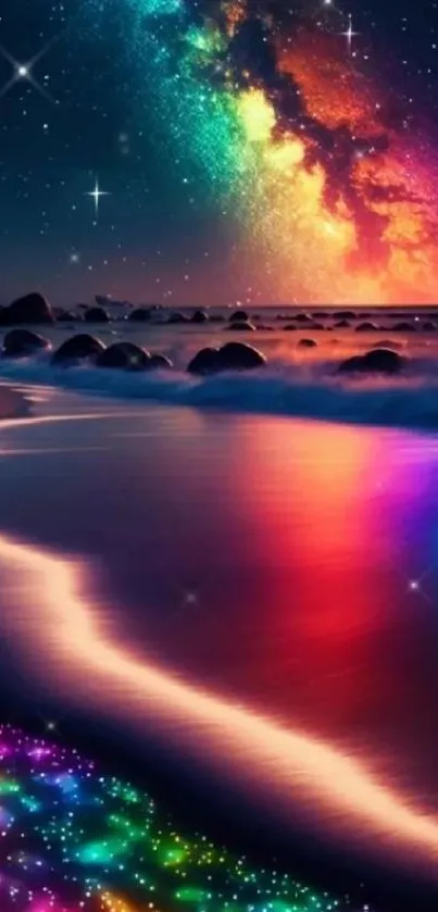 Vibrant galaxy-themed beach with colorful night sky.