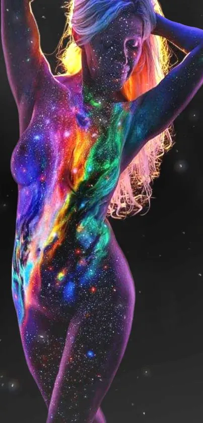 Colorful galaxy body art with vibrant cosmic patterns on a black background.