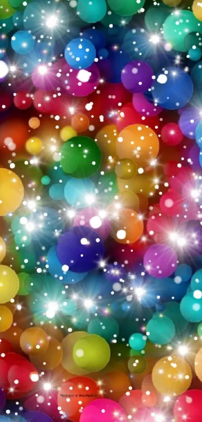 Vibrant mobile wallpaper with colorful bubbles and sparkles.